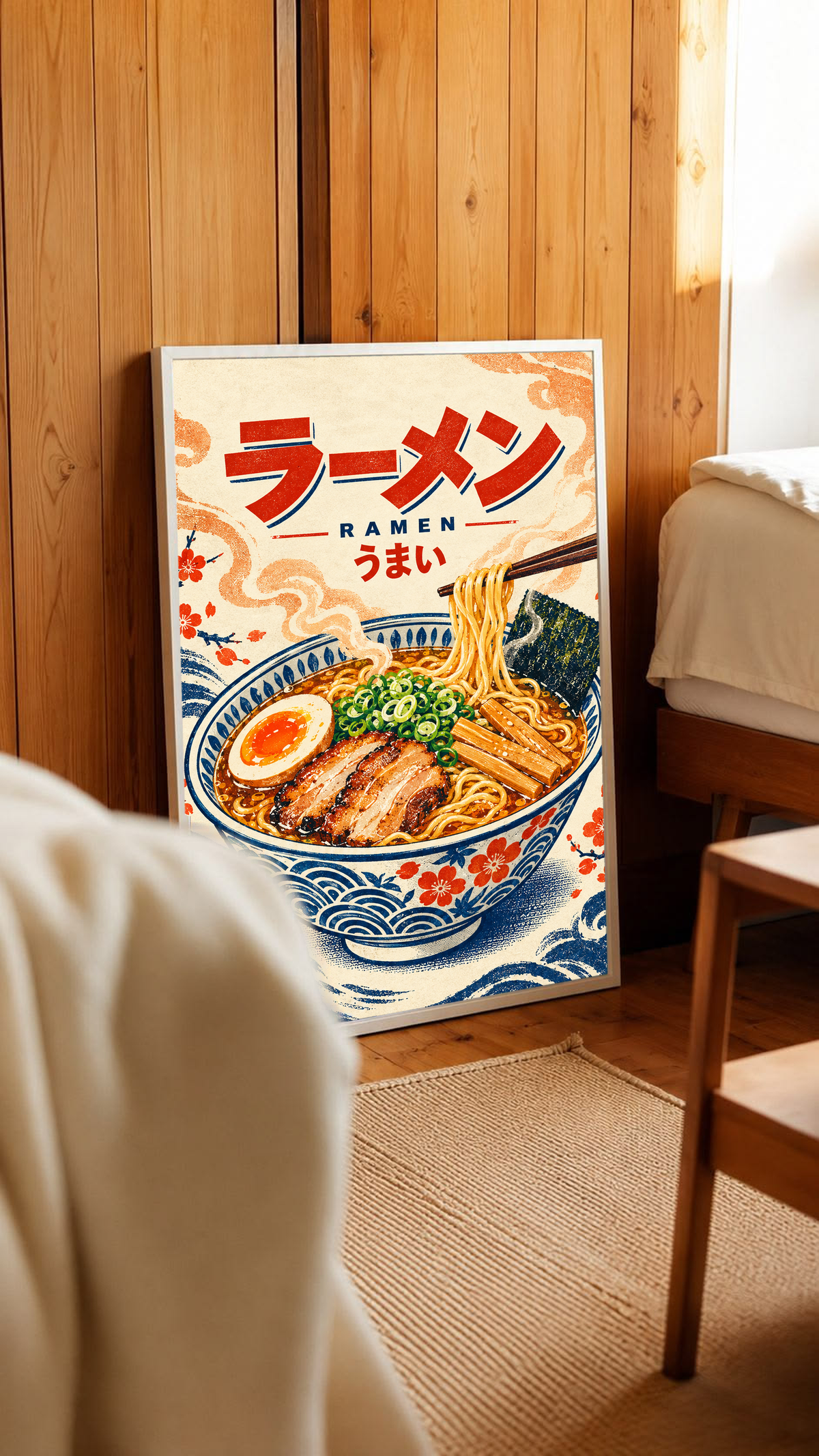 Ramen bowl poster with chopsticks and Japanese lettering leaning against wall