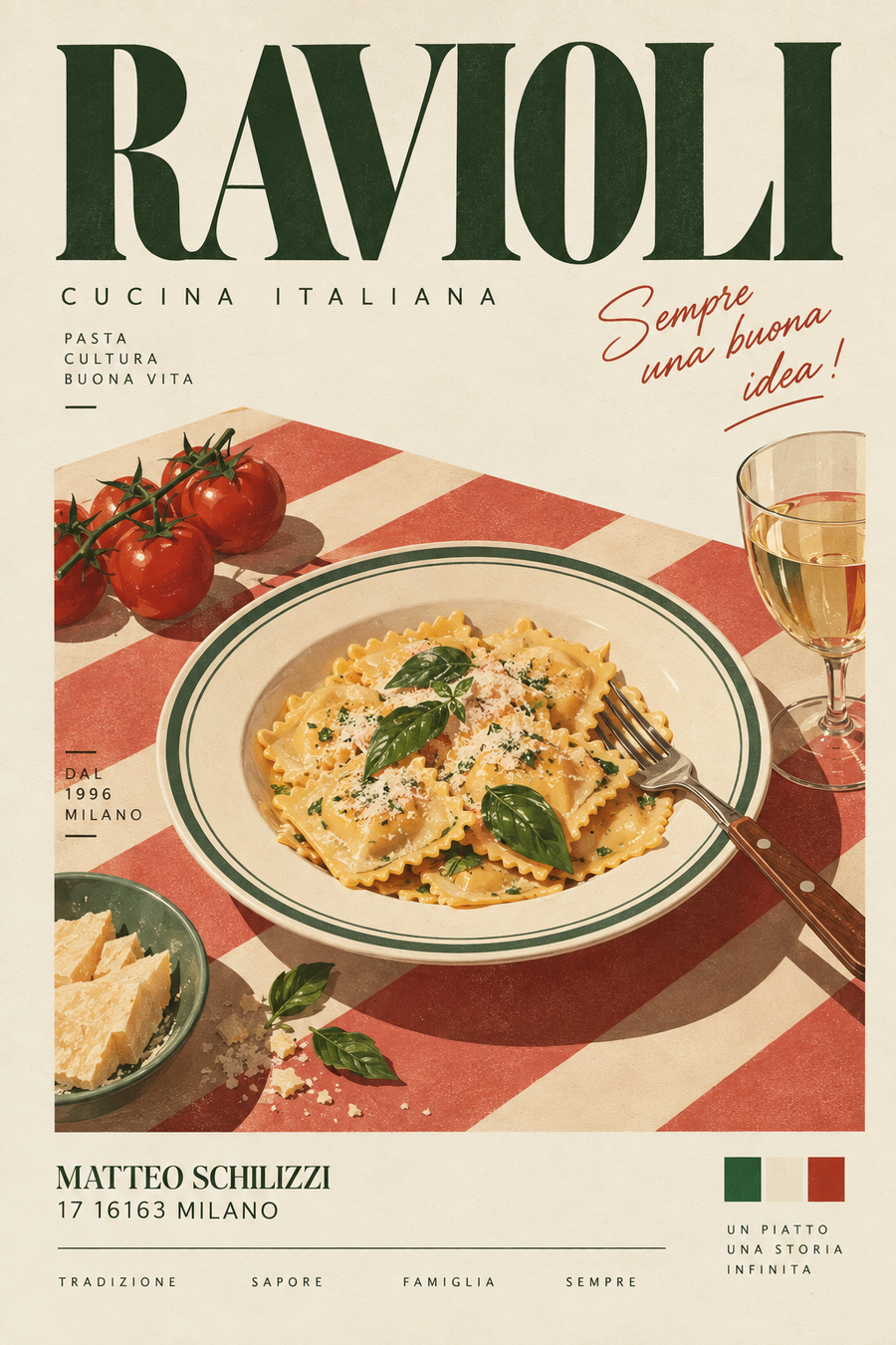 Ravioli Italian kitchen wall art poster with plated pasta tomatoes herbs and vintage editorial typography