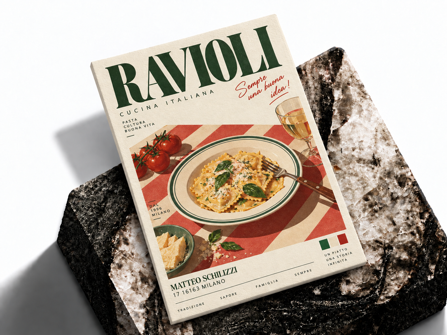 Ravioli Italian food poster shown as a premium art print mockup