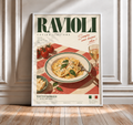 Framed ravioli Italian wall art poster with pasta bowl illustration and white frame border.
