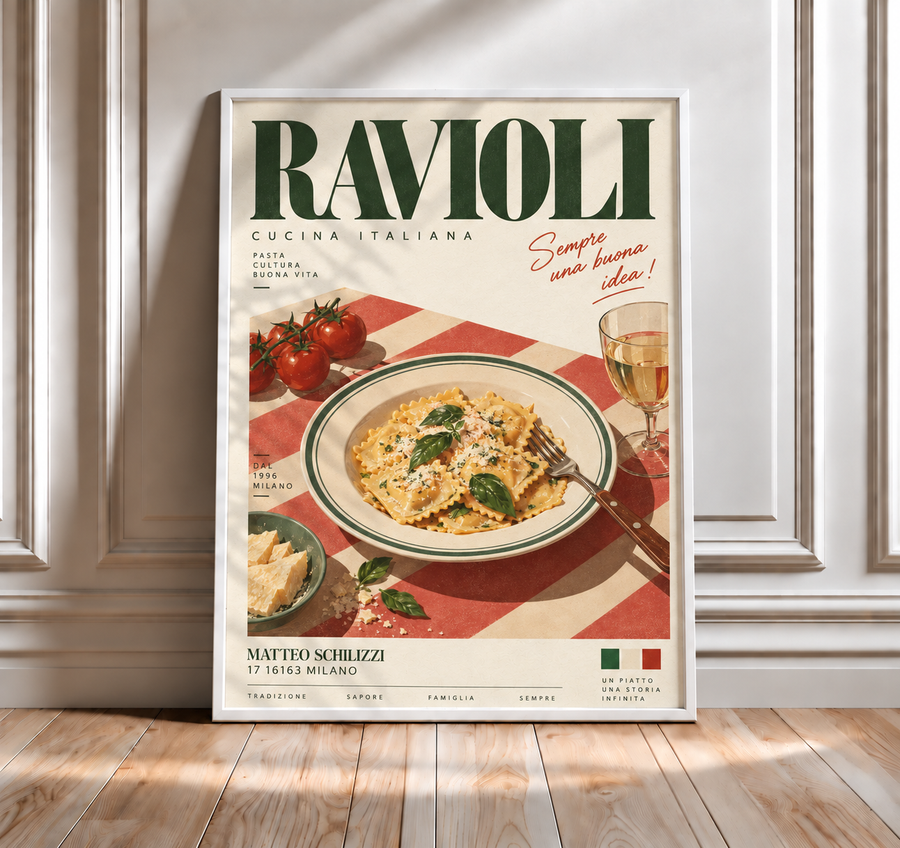 Ravioli Italian kitchen wall art displayed in a warm contemporary dining interior