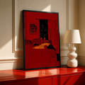 Red framed wall art print of reclining woman on bed with dark city window