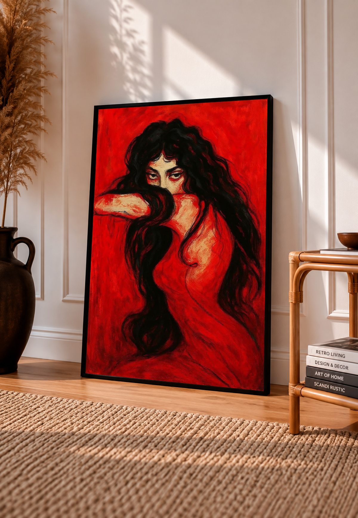 Framed portrait print of a woman with long black hair on a red background