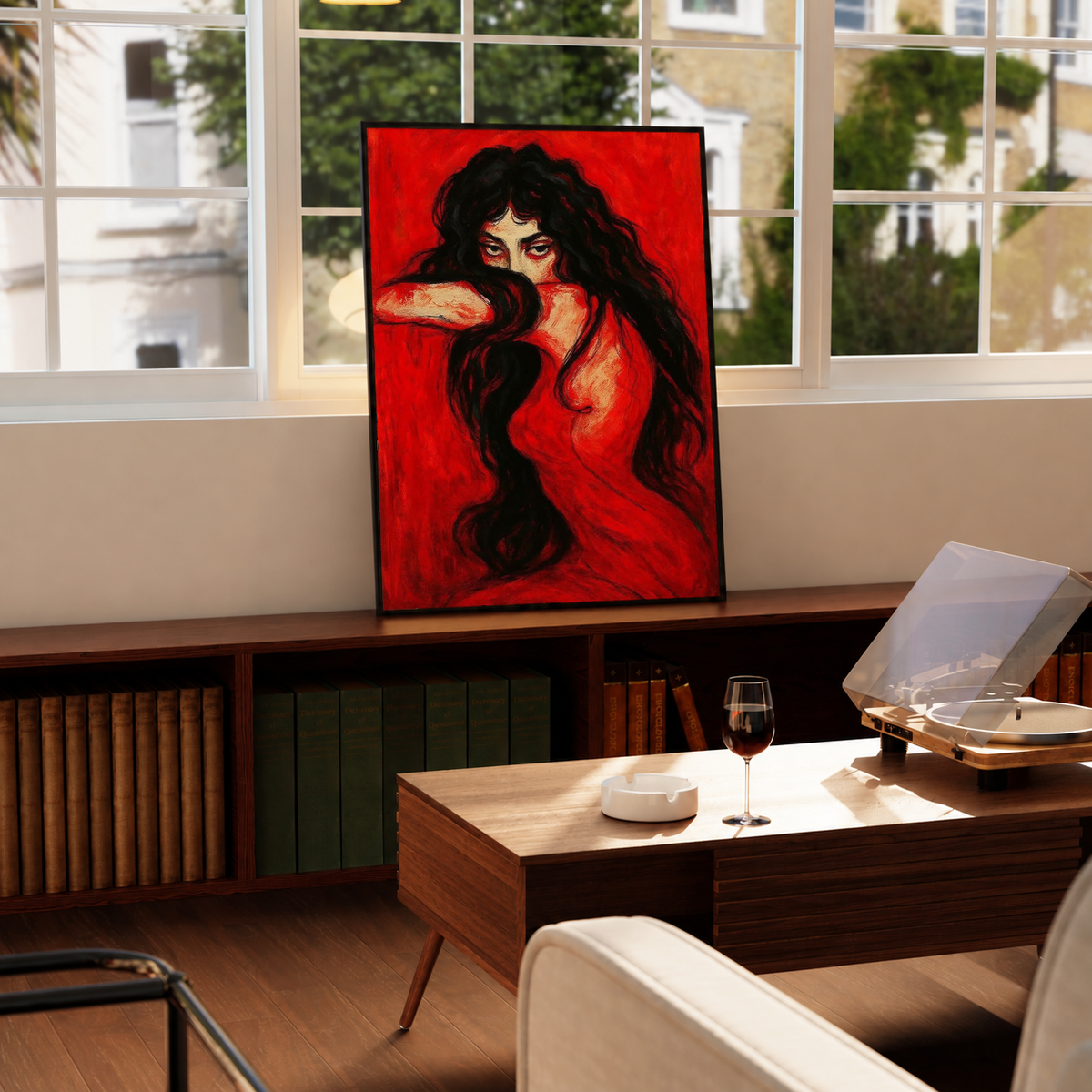 Framed portrait print of a long-haired woman on red, shown leaning on a surface
