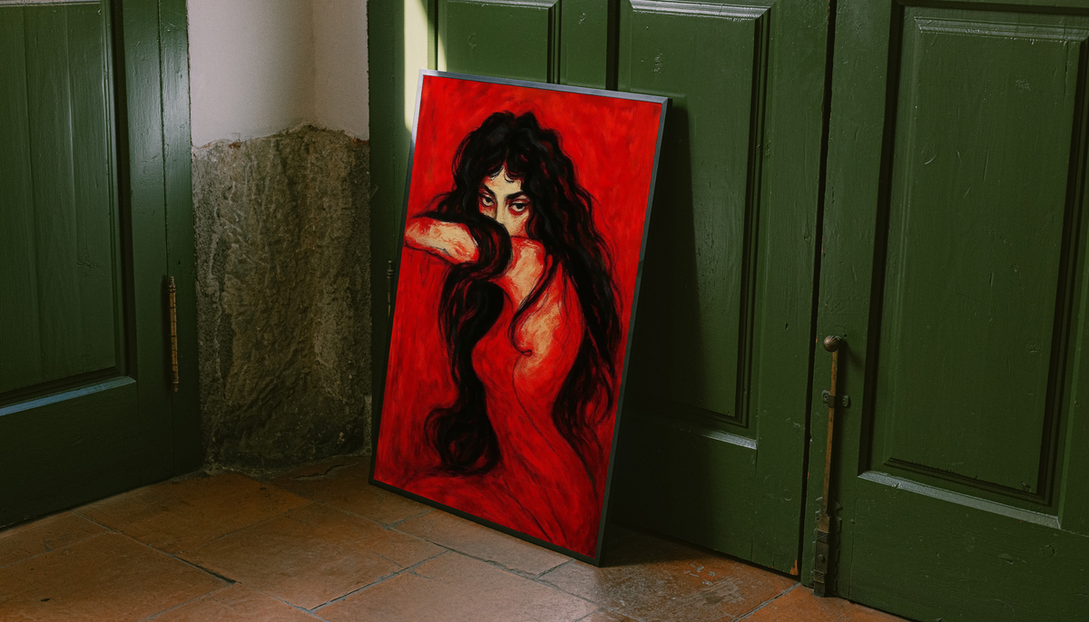 Framed portrait print of a long-haired woman on a red background, standing upright