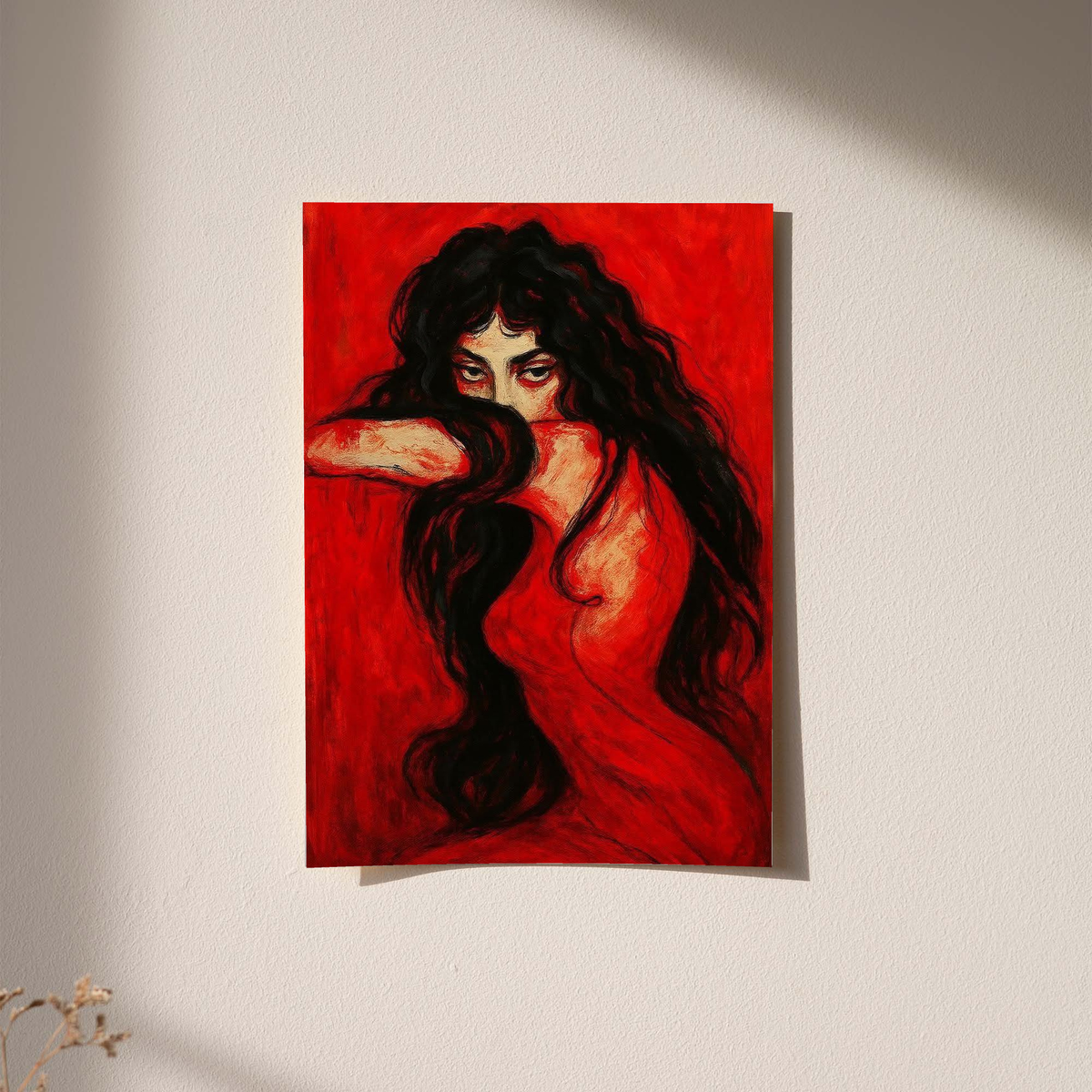 Framed close-up portrait print of a long-haired woman with black hair on red