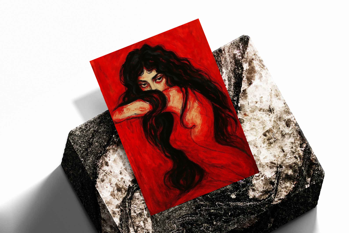 Angled framed portrait print of a woman with long black hair on a red background