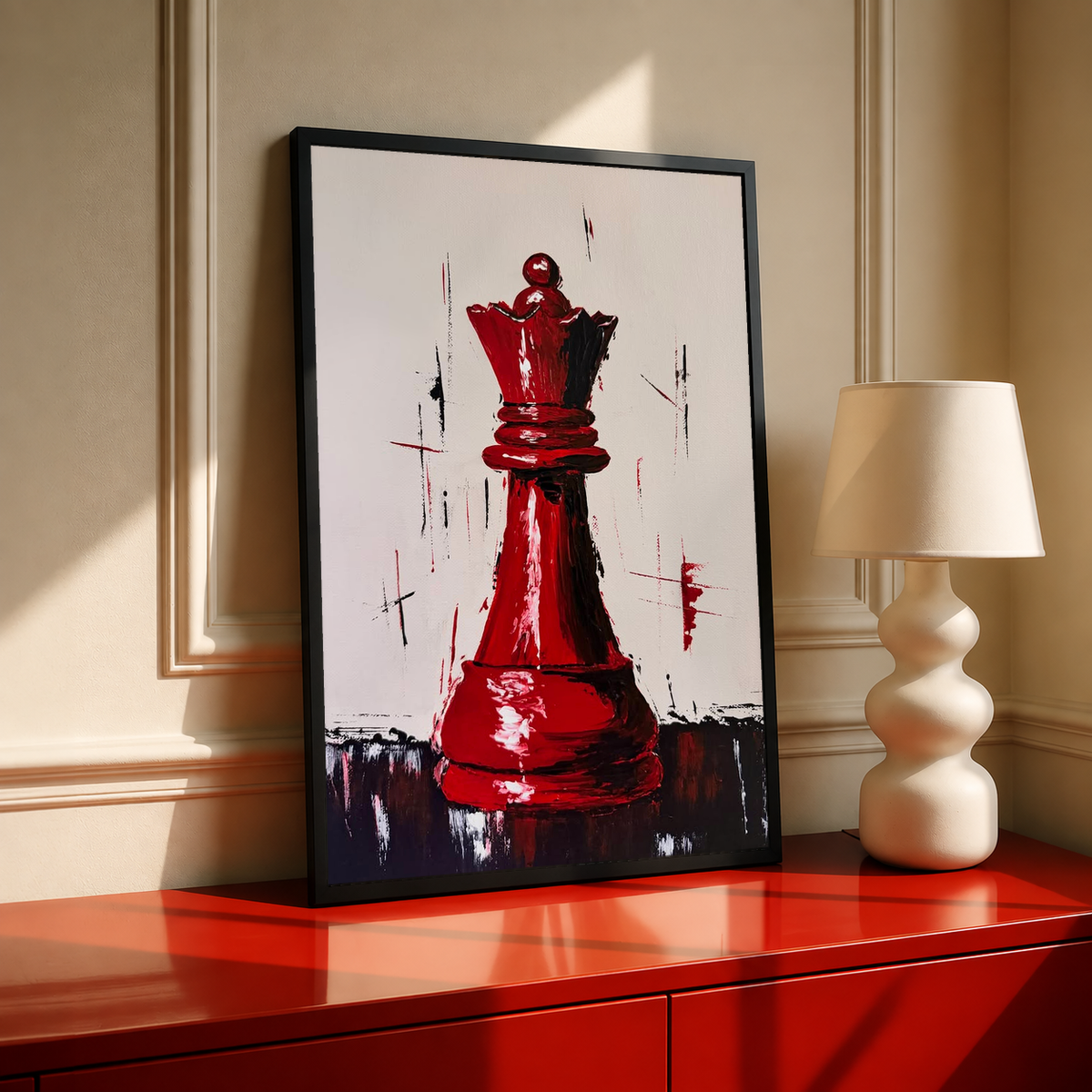 Black-framed red chess queen print with expressive brush strokes on a light background.