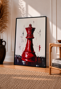 Black-framed red chess queen print with expressive brush strokes on a light background.
