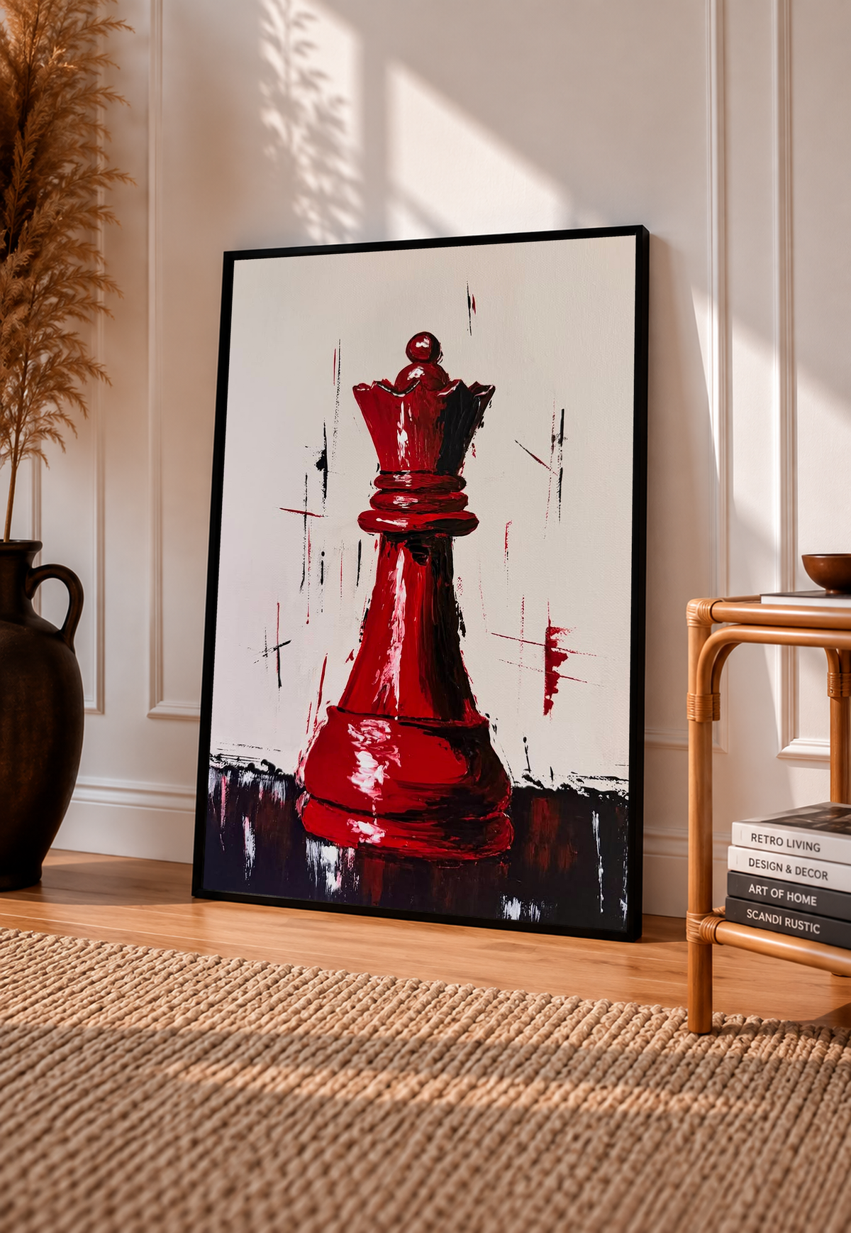 Black-framed red chess queen print with expressive brush strokes on a light background.