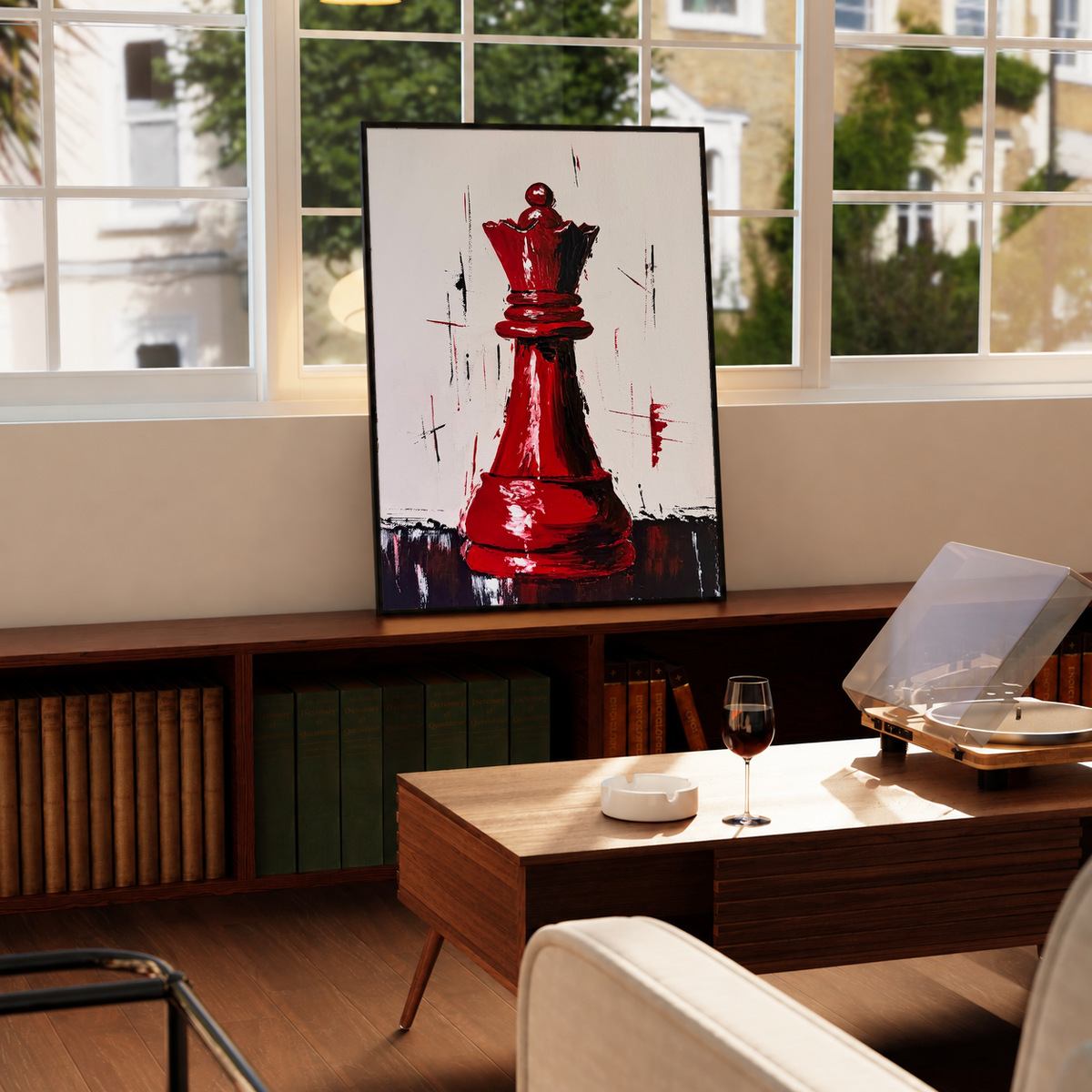 Black-framed red chess queen wall art with expressive brush strokes on a light background.