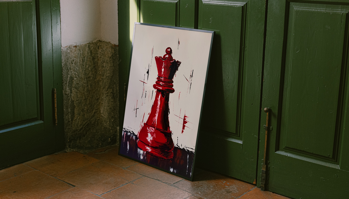 Black-framed red chess queen print with expressive brush strokes on a light background.