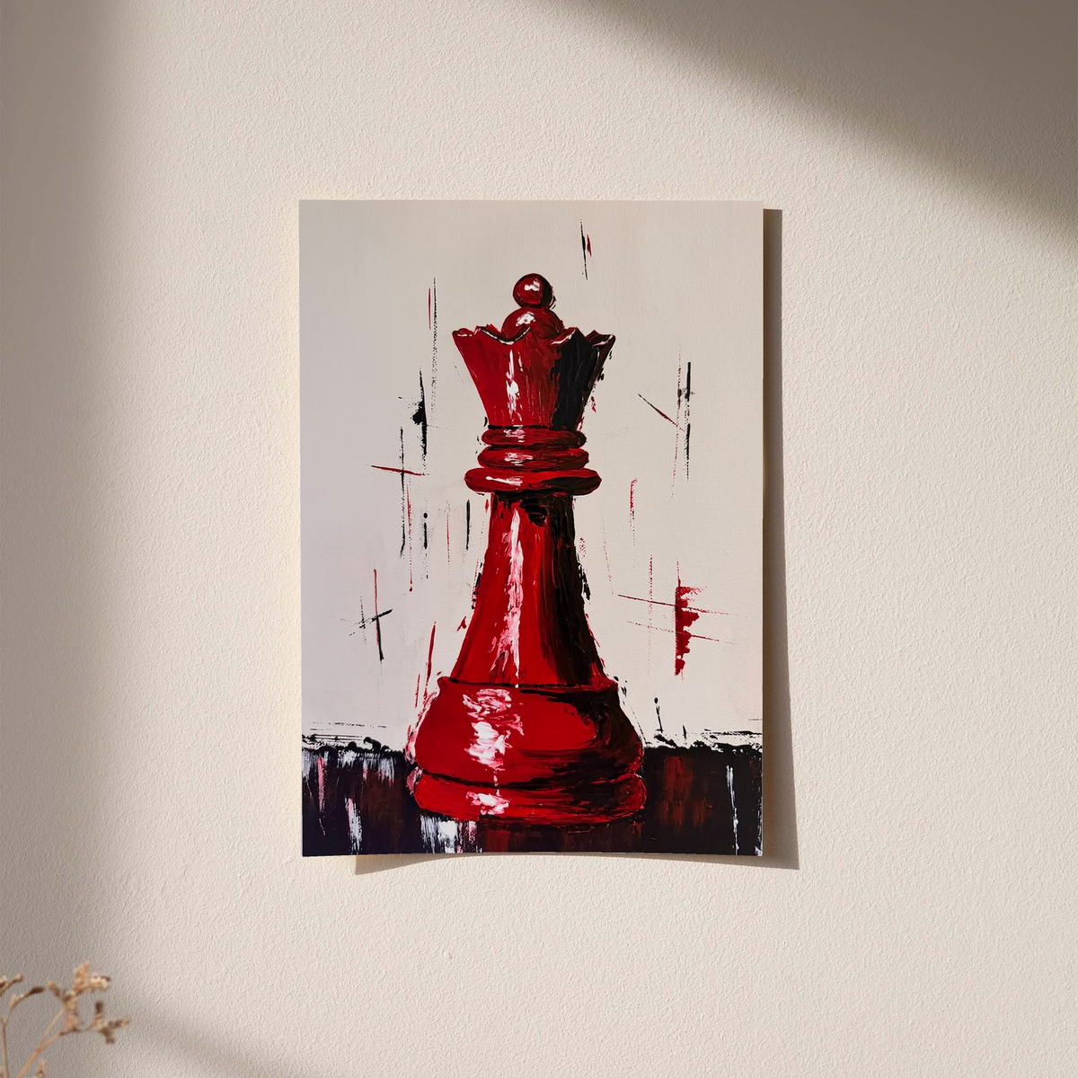 Beige-framed red chess queen print with expressive brush strokes on a light background.