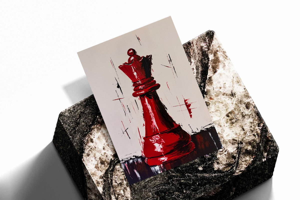 Angled red chess queen print with expressive brush strokes on a light background.