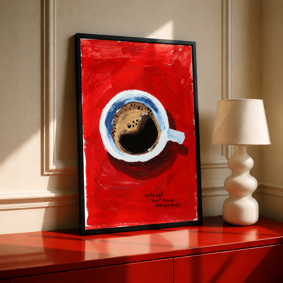 Red abstract coffee cup wall art print in black frame, circular cup with white rim