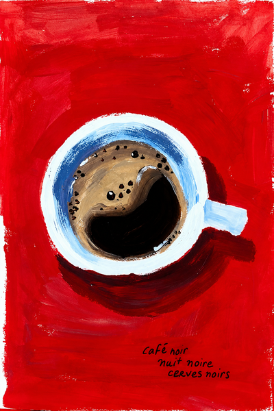 Red abstract coffee cup painting close-up with white-blue rim and dark coffee center