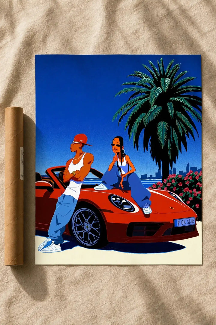 Wall print of a red sports car with two racers and a palm tree