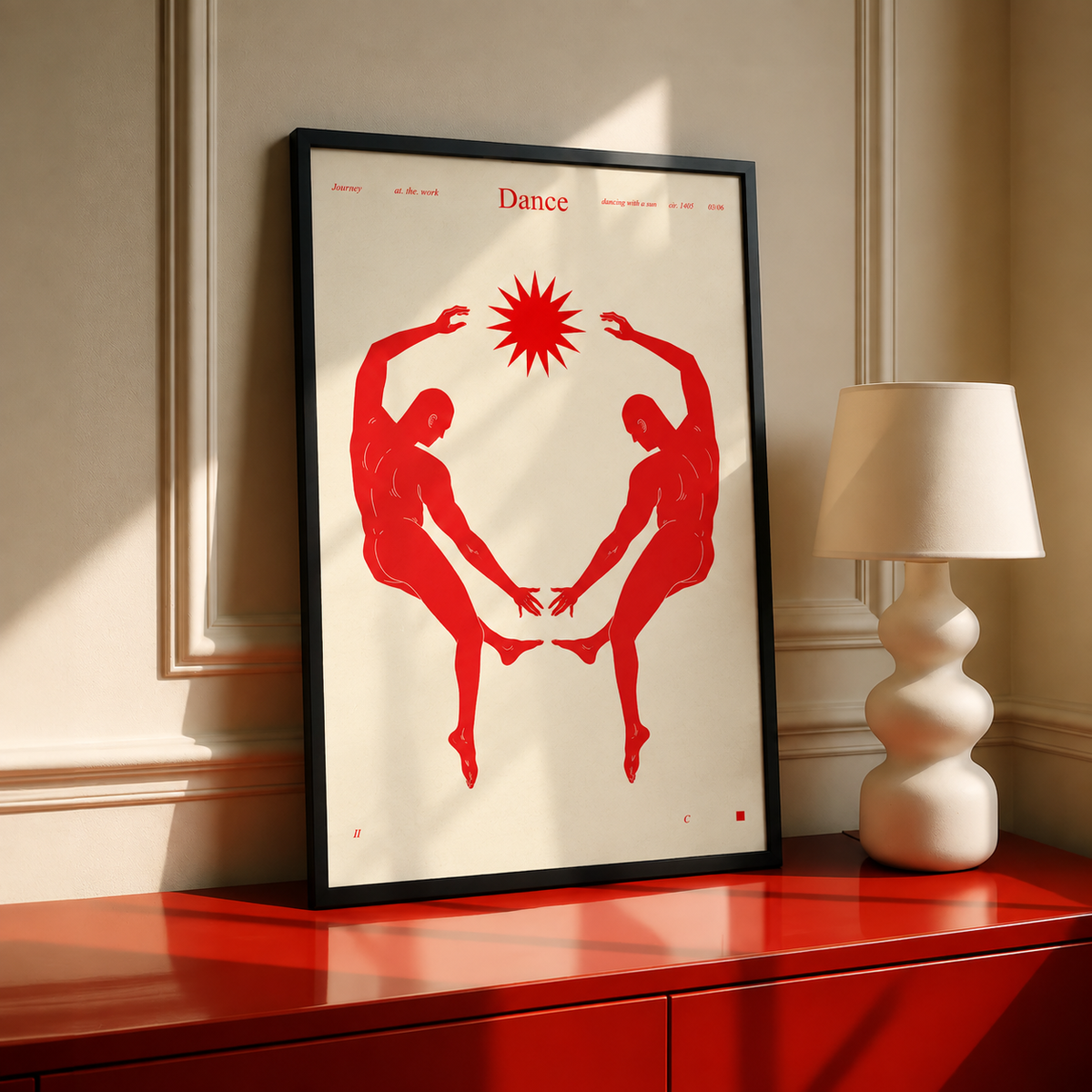 Framed dance wall art poster with two red dancers forming a red heart circle