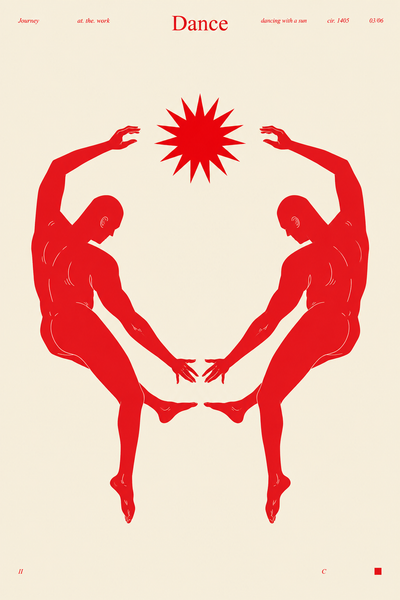 Dance wall art poster with two red dancers and burst symbol in a heart shape