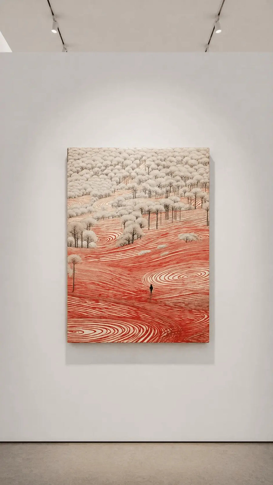 alt
Impresión de arte mural de paisaje rojo con paspartú blanco y líneas de contorno del terreno en espiral.