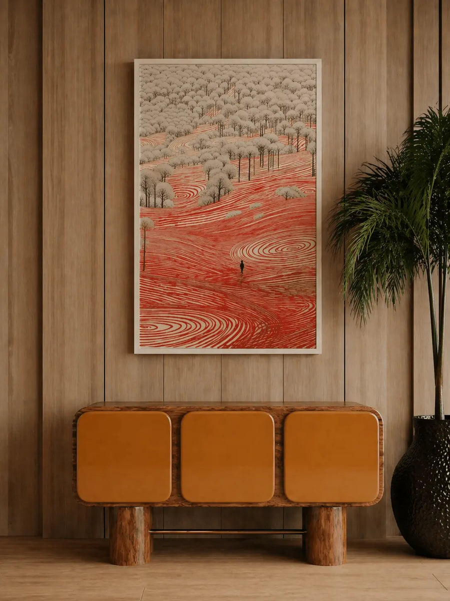 Impresión de paisaje en rojo con borde blanco, colinas neblinosas, árboles y ondas de contorno rojas.
