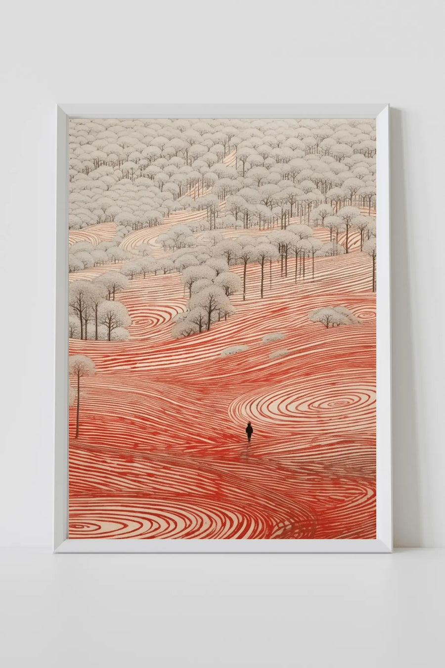 Lámina artística de paisaje rojo con marco blanco, árboles en tonos pastel y líneas de contorno onduladas.