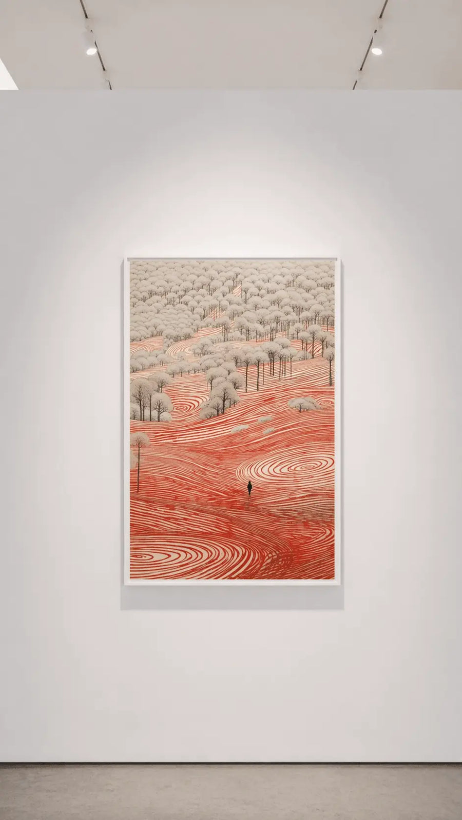 Frontal enmarcado de paisaje en rojo con dosel de árboles beige y líneas de contorno fluidas.