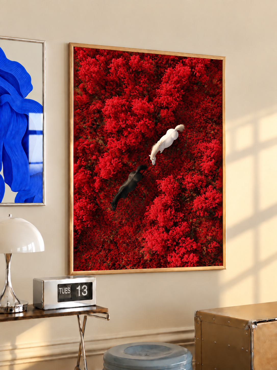Red forest horse wall art with white horse figure on red foliage, wood frame