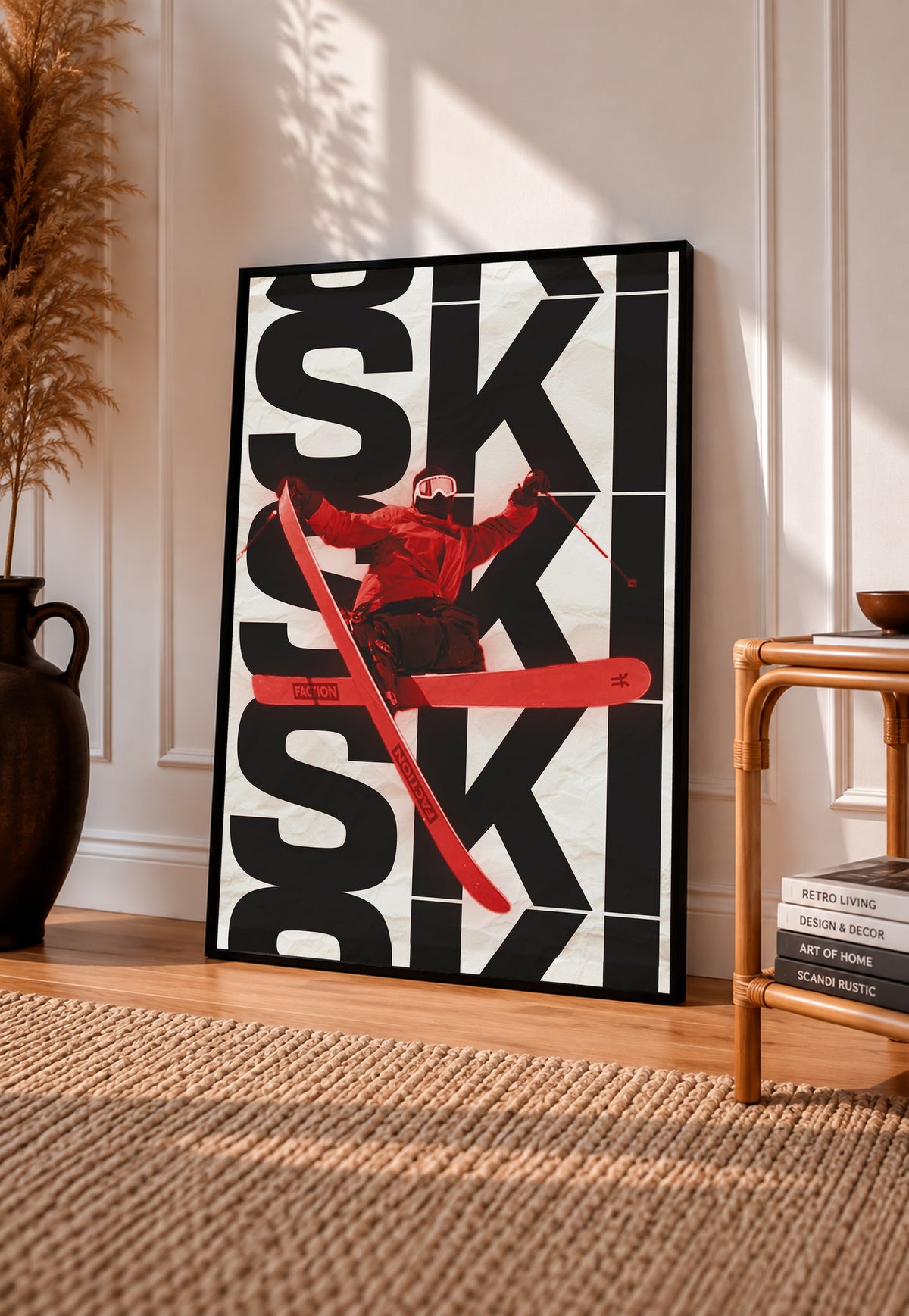 Framed ski poster with bold black SKI typography and red skier graphic