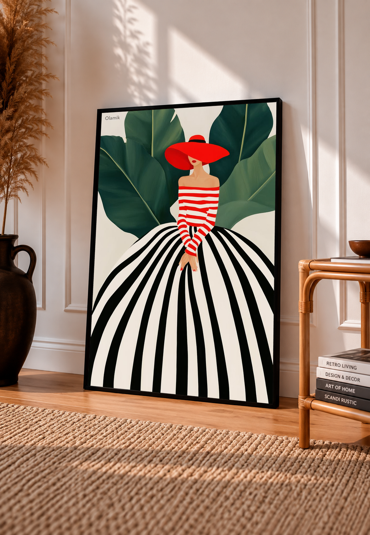 Framed striped dress woman art print with red hat and green leaf background, black frame.