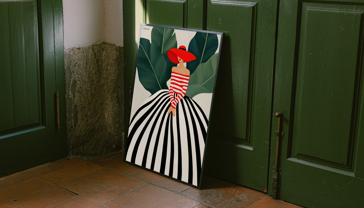 Framed woman portrait art print with red hat and striped dress, green leaves, dark outdoor setting.