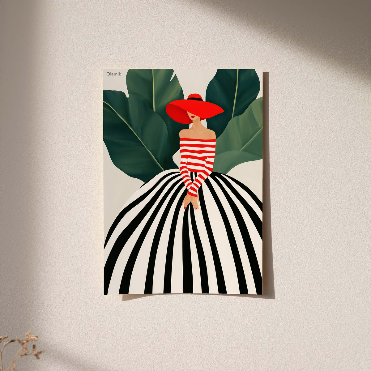 Woman portrait art print with red hat, red-and-white striped dress, green leaves, white border.
