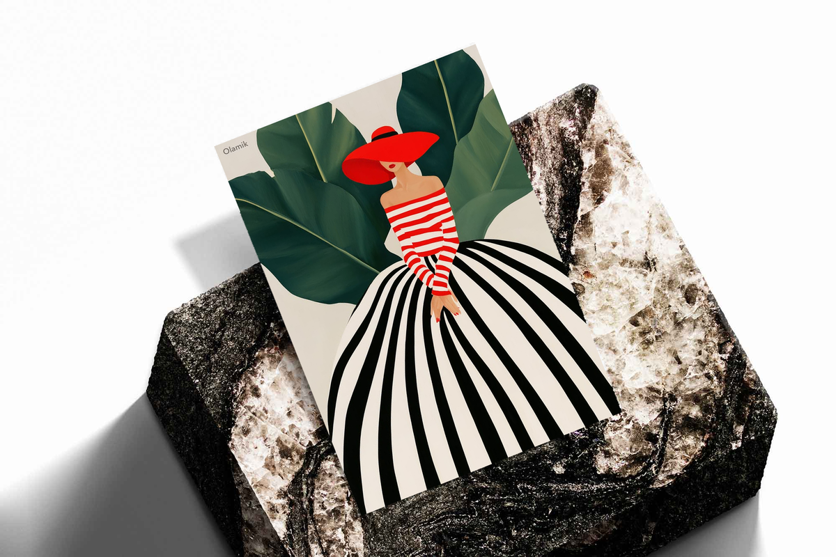 Art print of red-hat woman in striped dress with green leaves, placed on textured stone blocks.