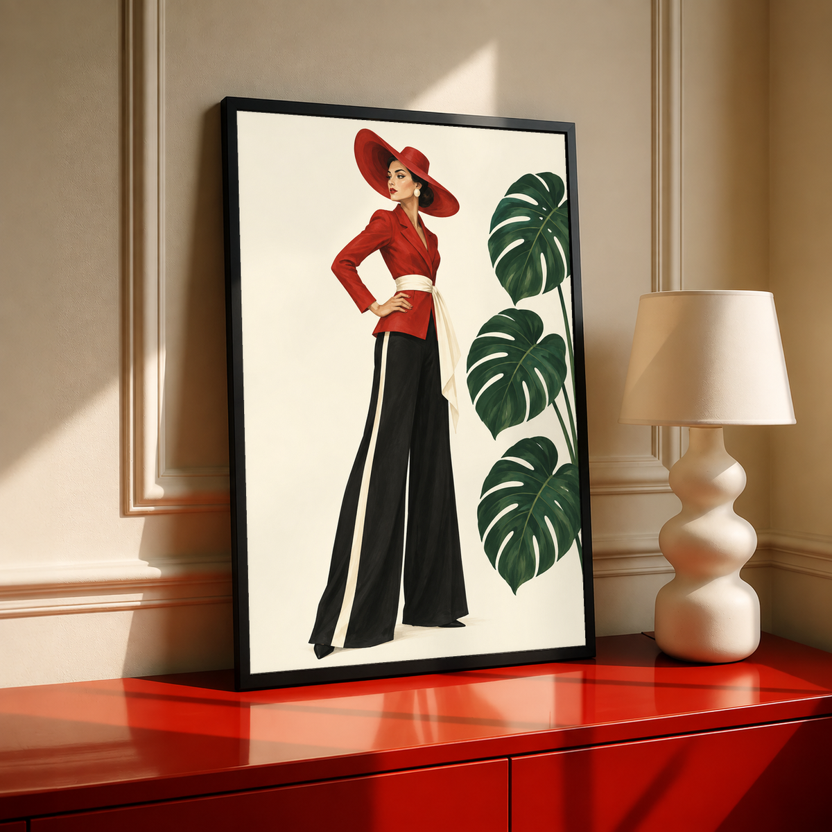 Black-framed poster featuring a woman in red hat and black wide-leg trousers with monstera leaves