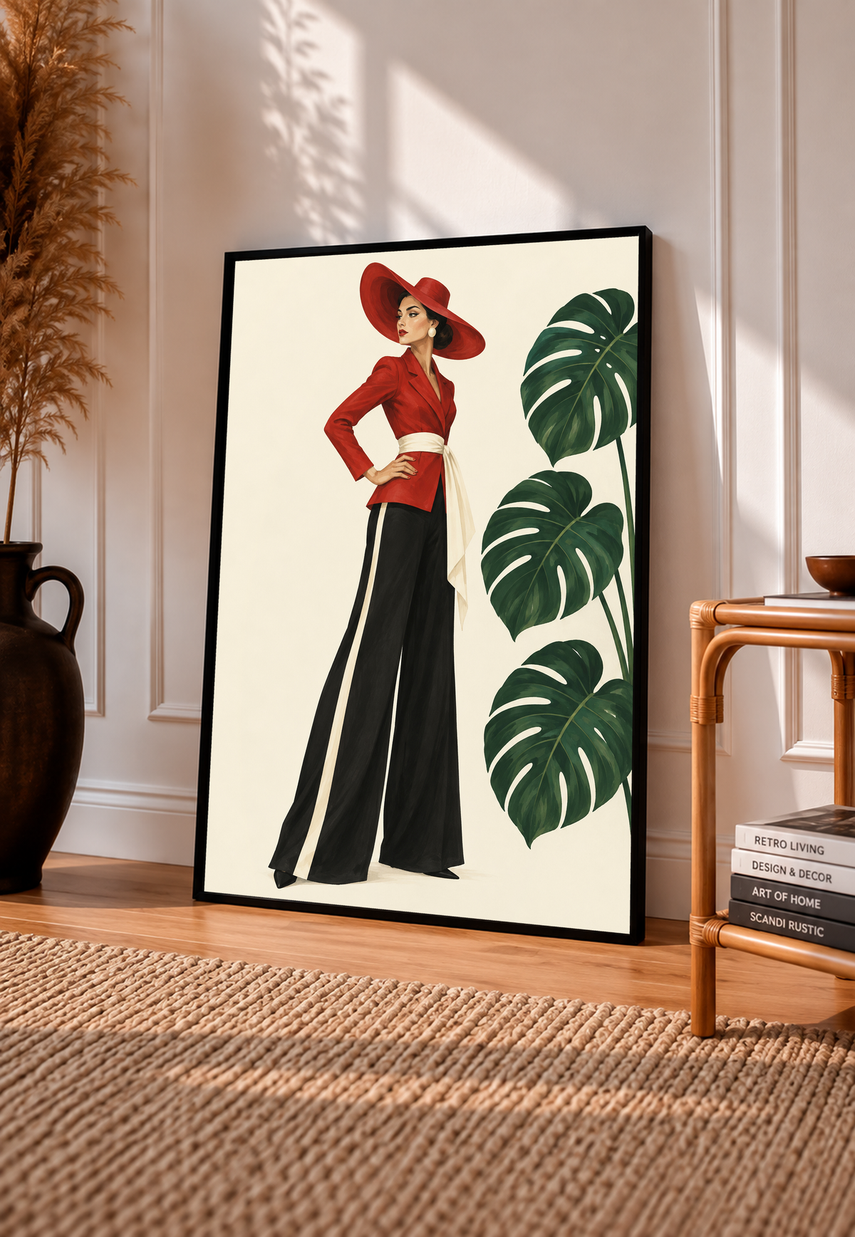 Framed poster of woman in red hat, red top, and black wide-leg trousers with monstera leaves