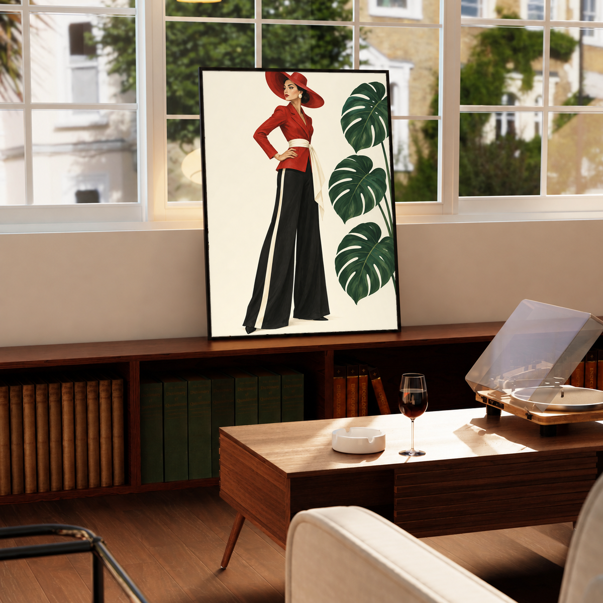 Black-framed poster of woman in red hat and black wide-leg trousers with monstera leaves