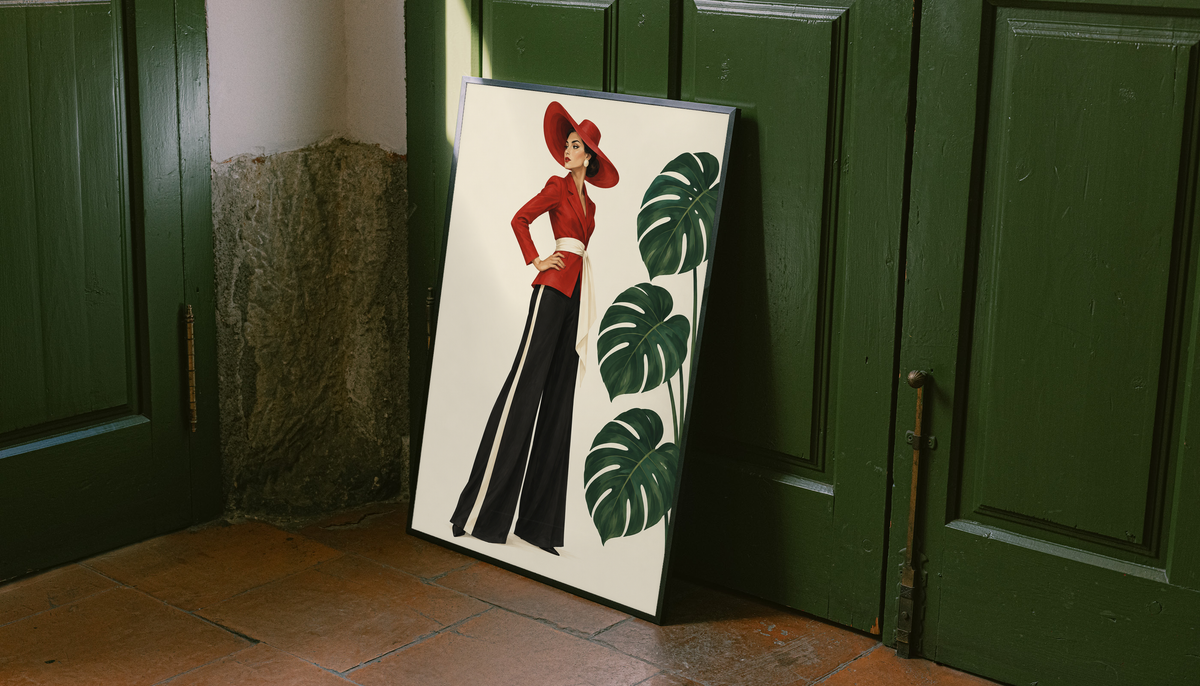 Black-framed poster of woman in red hat, red top, and black wide-leg trousers with monstera leaves