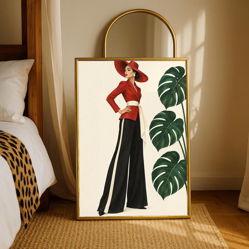Gold-framed poster of woman in red hat and black wide-leg trousers with monstera leaves