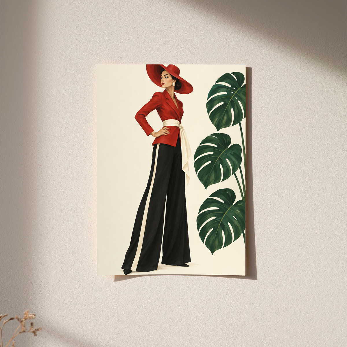 Wall poster of woman in red hat and black wide-leg trousers with monstera leaves