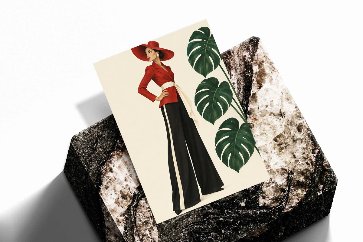 Unframed poster print of a woman in red hat, black wide-leg trousers, and monstera leaves