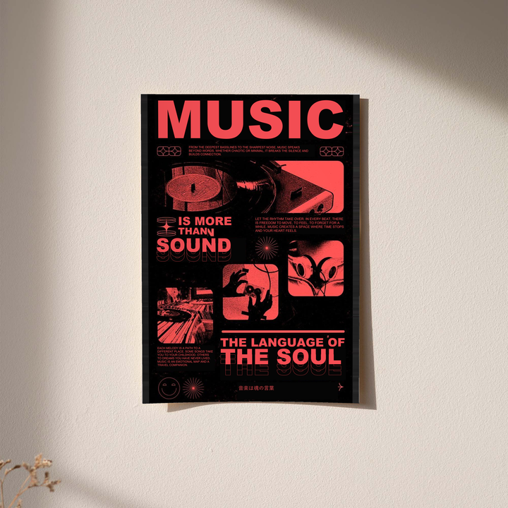 Music typography and listening equipment as an unframed print against a pale plaster wall with soft shadows