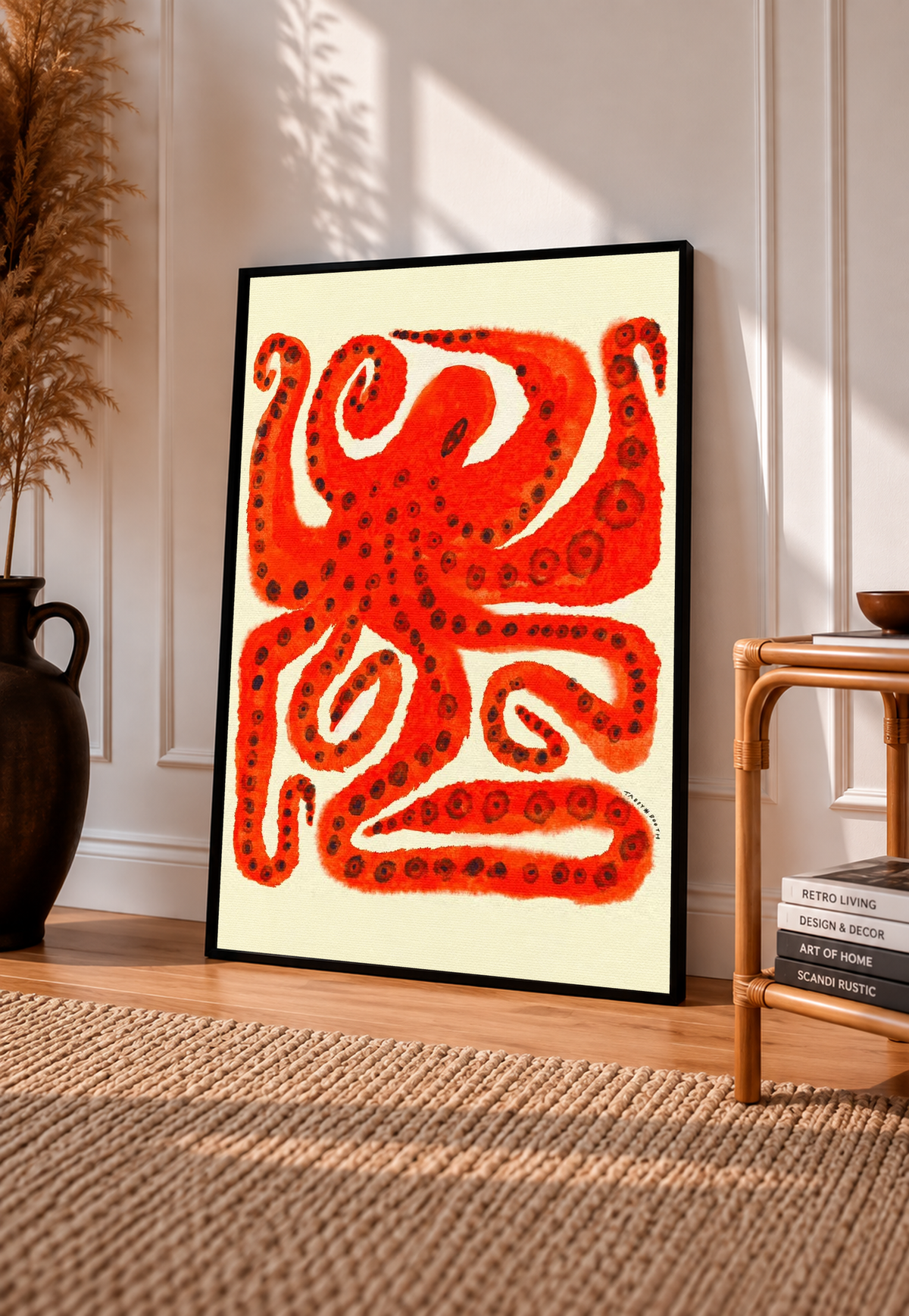 Black-framed octopus art print with red curling tentacles on cream background