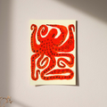 Octopus art print with red curling tentacles, unframed on cream paper