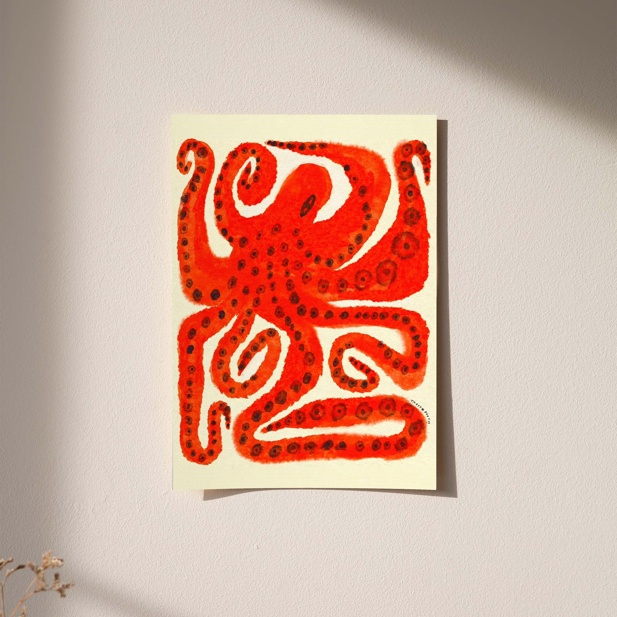 Octopus art print with red curling tentacles, unframed on cream paper