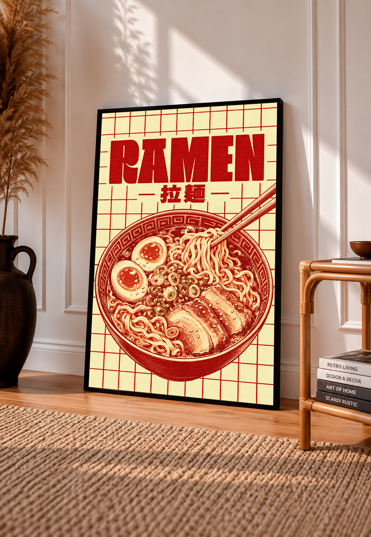Framed ramen grid wall poster showing “RAMEN,” chopsticks, and a red noodle bowl graphic.