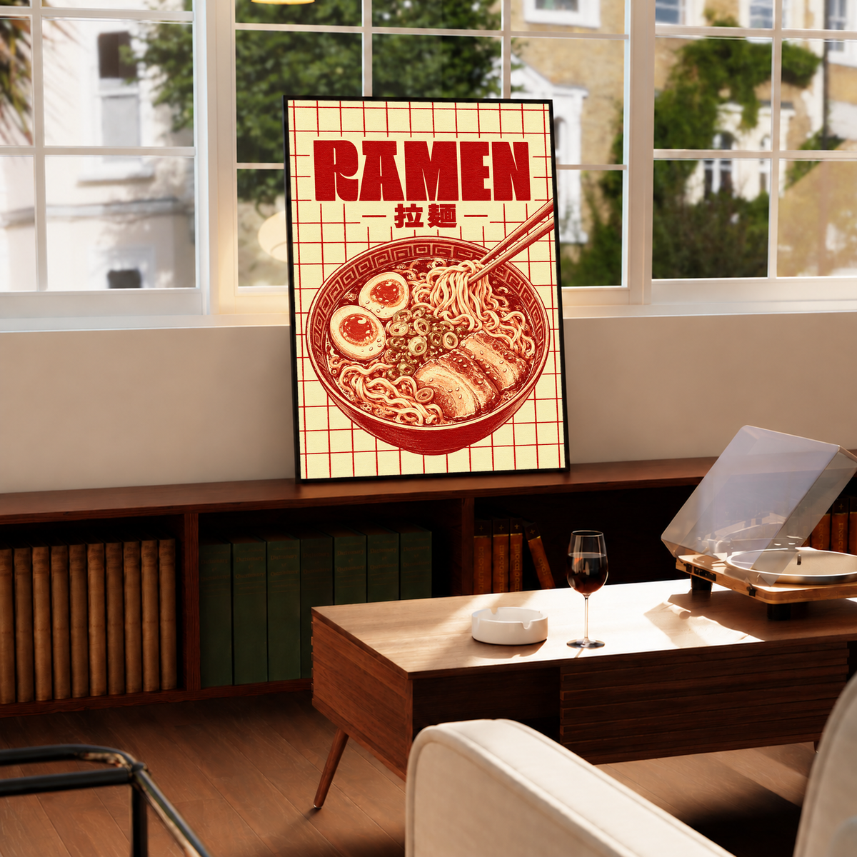 Framed ramen grid poster featuring “RAMEN” typography, chopsticks, and a red ramen bowl graphic.