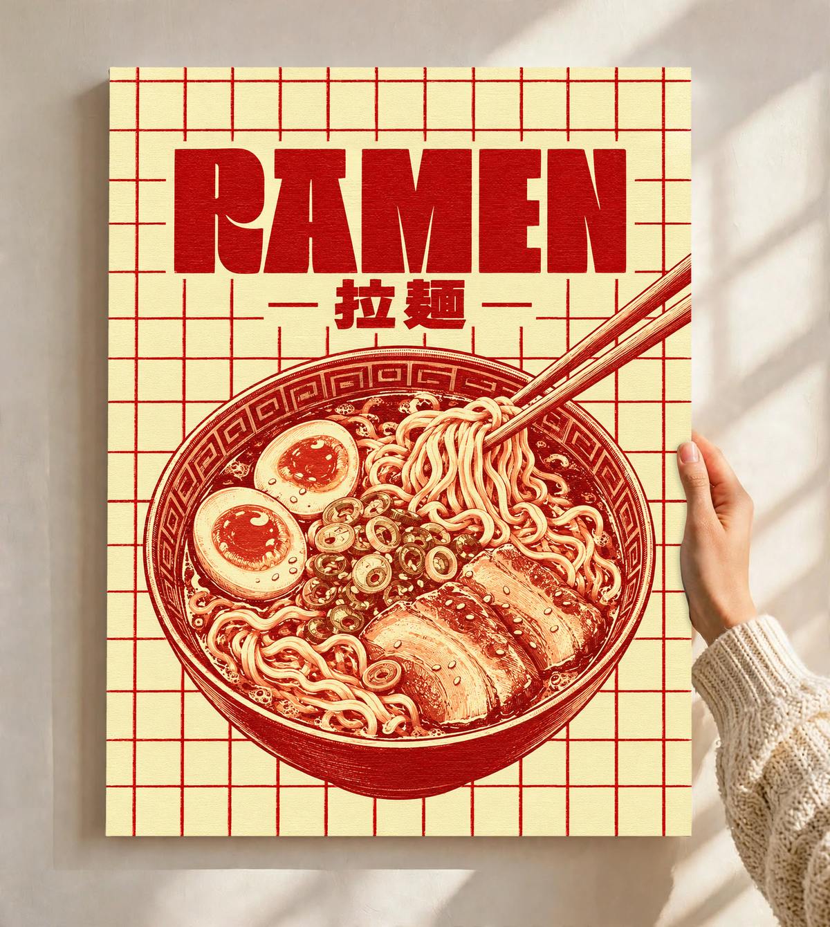 Framed ramen grid poster with red noodle bowl, chopsticks, and bold “RAMEN” typography.