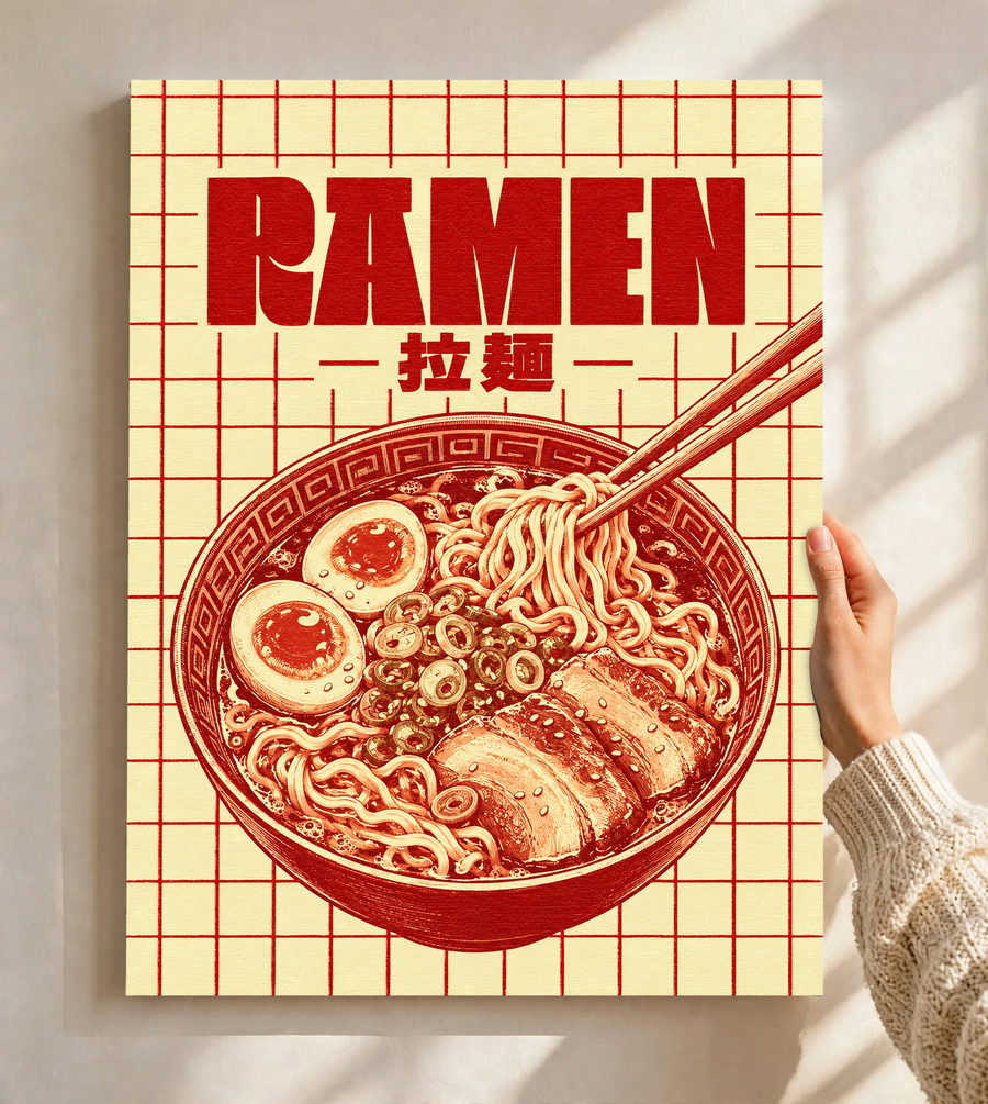 Framed ramen grid poster with red noodle bowl, chopsticks, and bold “RAMEN” typography.