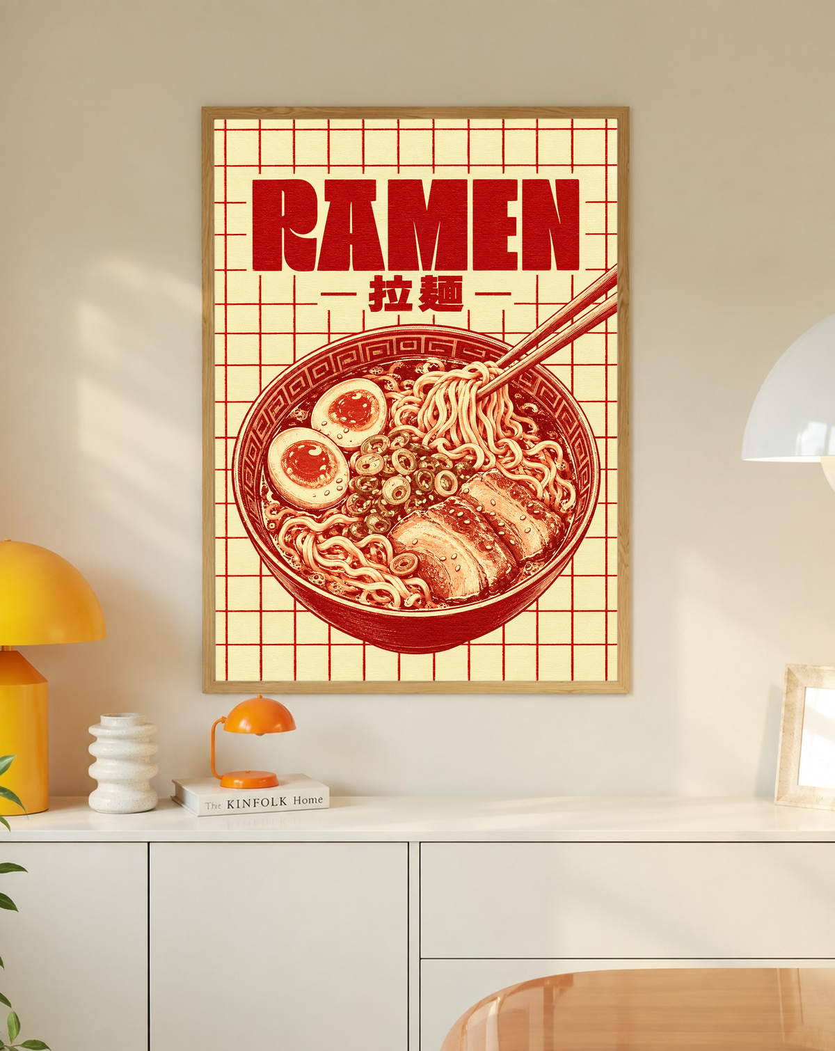 Framed ramen grid poster featuring a red ramen bowl illustration and “RAMEN” headline with chopsticks.