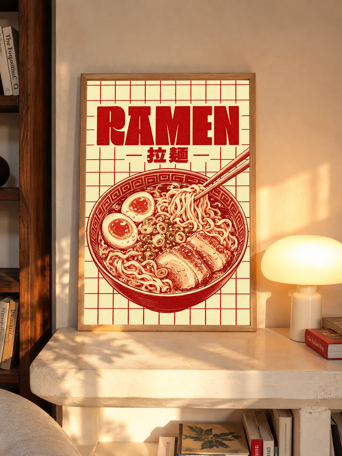 Framed ramen grid poster with red ramen bowl artwork, chopsticks, and bold “RAMEN” typography.